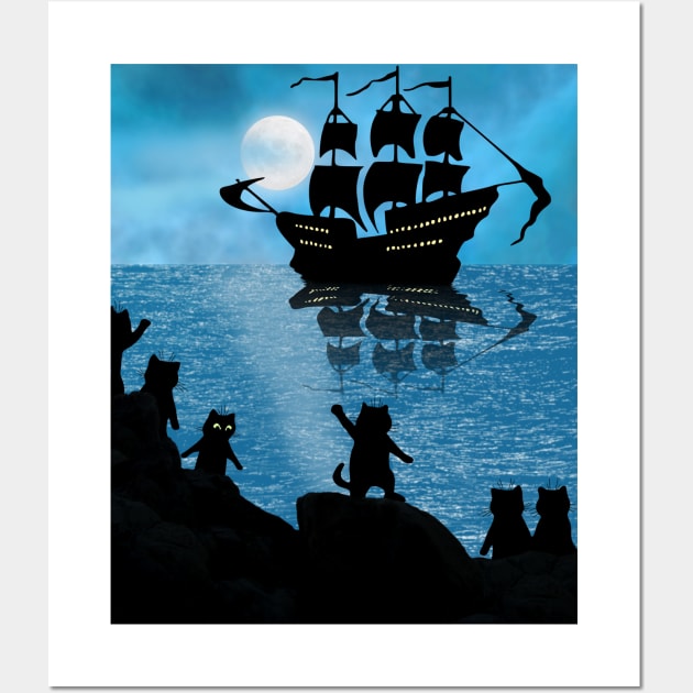 Cats and Ships in the Night Wall Art by KarwilbeDesigns